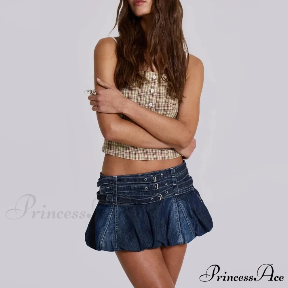 Blue Frilly Buckled Belted Skirt