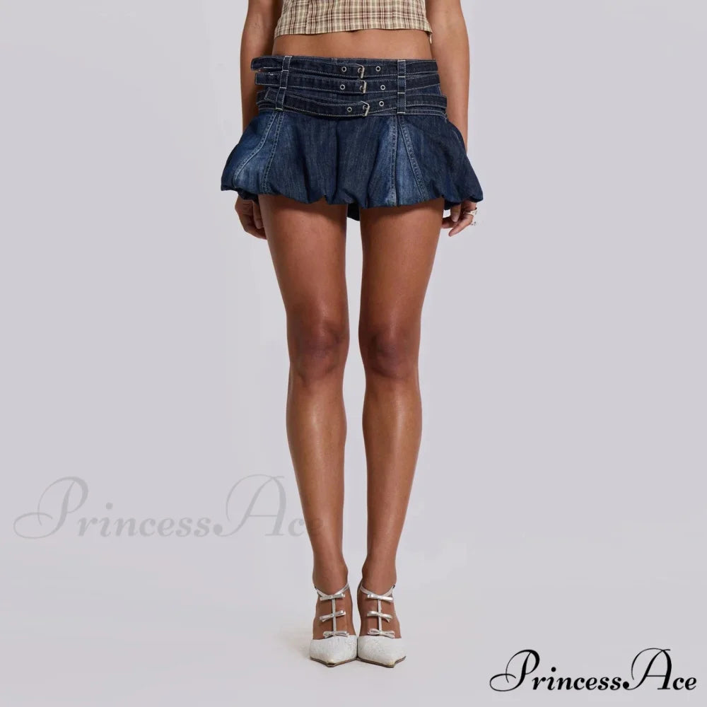 Blue Frilly Buckled Belted Skirt