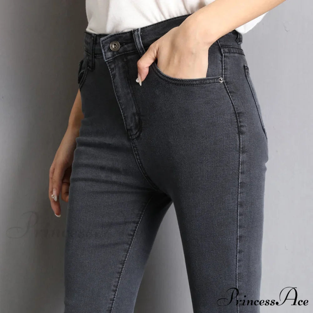 Blue Gray Black Woman High Elastic Jeans