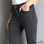 Blue Gray Black Woman High Elastic Jeans