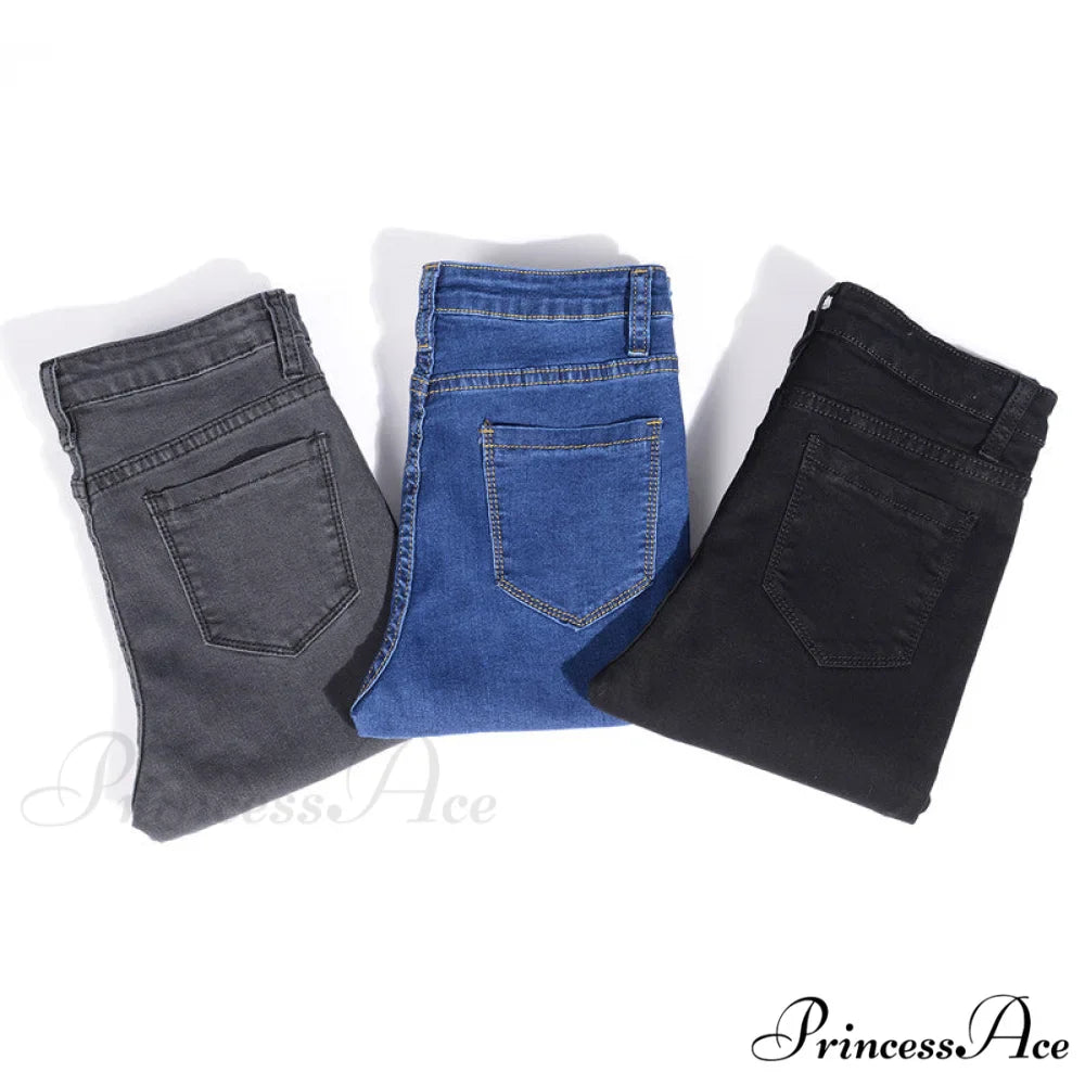 Blue Gray Black Woman High Elastic Jeans