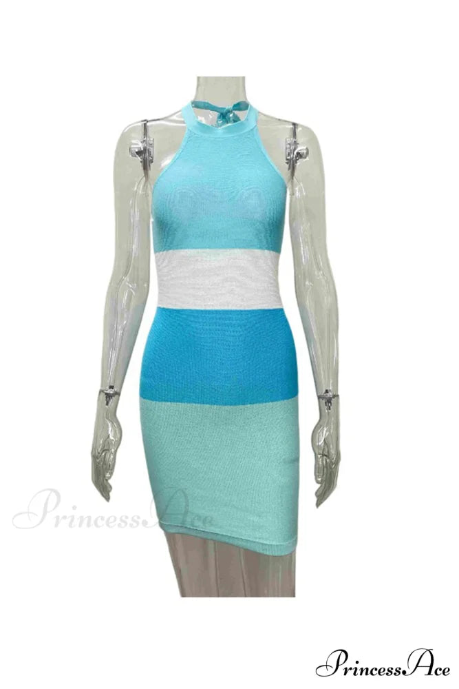 Blue Knit Dress with Tie-back and Contrast Stripes