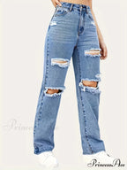 Blue Ripped Baggy Straight Slash Pockets Distressed High Waist Loose Fit Denim Jean