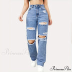 Blue Ripped Baggy Straight Slash Pockets Distressed High Waist Loose Fit Denim Jean