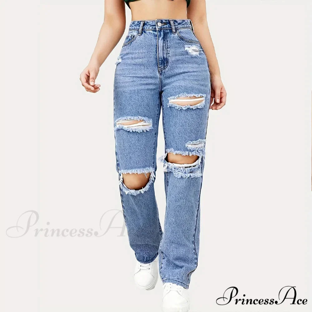 Blue Ripped Baggy Straight Slash Pockets Distressed High Waist Loose Fit Denim Jean