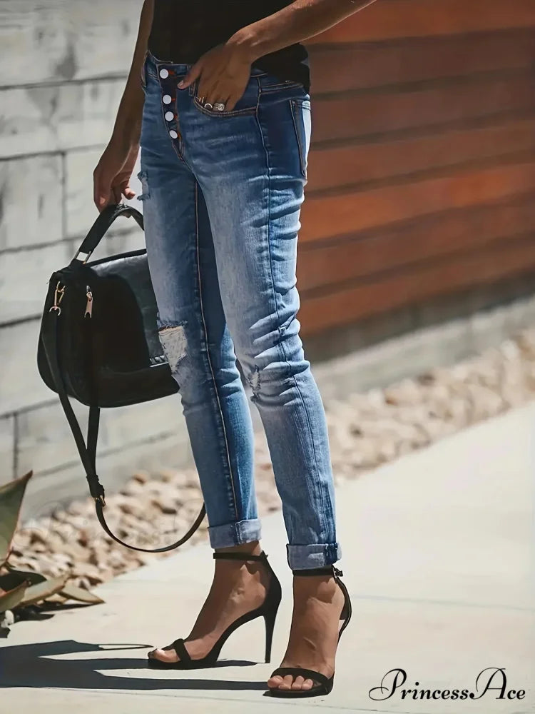 Blue Ripped Holes Denim Slim Fit Single-Breasted Button High-Stretch Casual Denim Jean