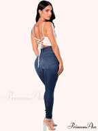 Blue Ripped Holes Skinny Distressed High Waist Slim Fit Slash Pockets Denim Jean