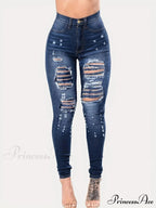 Blue Ripped Holes Skinny Distressed High Waist Slim Fit Slash Pockets Denim Jean