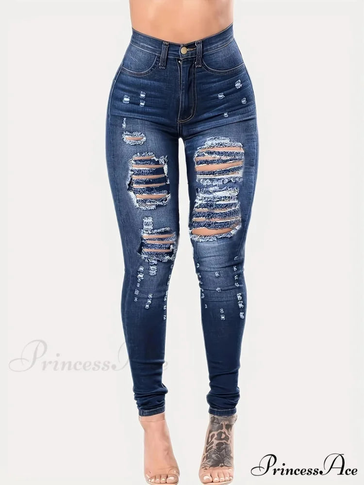 Blue Ripped Holes Skinny Distressed High Waist Slim Fit Slash Pockets Denim Jean