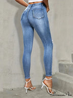 Blue Ripped Holes Skinny Slim Fit High Stretch Distressed Tight Women's Denim & Clothing Jean