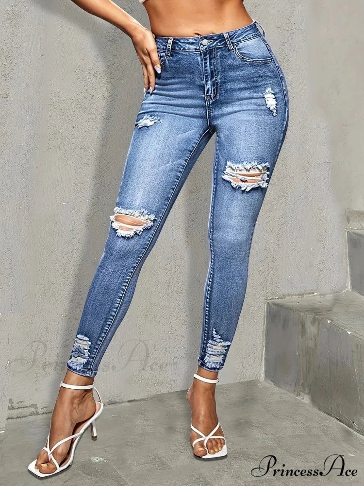 Blue Ripped Holes Skinny Slim Fit High Stretch Distressed Tight Women's Denim & Clothing Jean