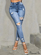 Blue Ripped Holes Skinny Slim Fit High Stretch Distressed Tight Women's Denim & Clothing Jean