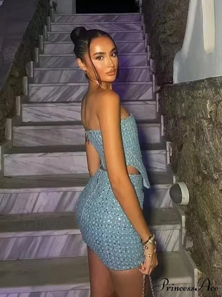 Blue Sequined Denim Strapless Party Dress