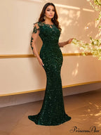 Blue Sequins O Neck Mesh Party Dress