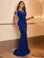 Blue Sequins O Neck Mesh Party Dress