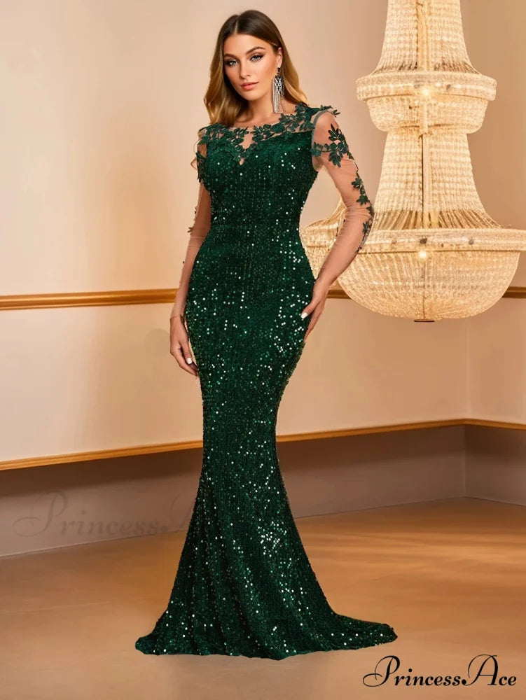 Blue Sequins O Neck Mesh Party Dress