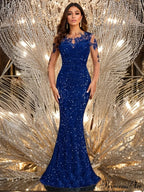 Blue Sequins O Neck Mesh Party Dress