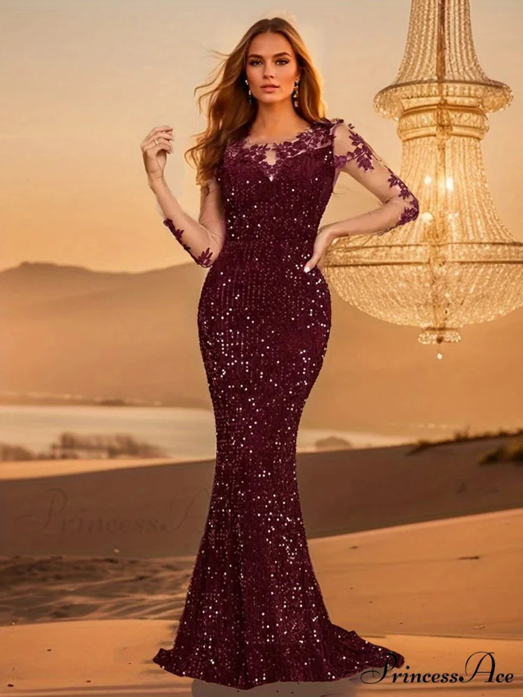 Blue Sequins O Neck Mesh Party Dress