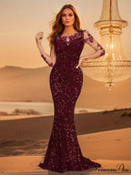 Blue Sequins O Neck Mesh Party Dress