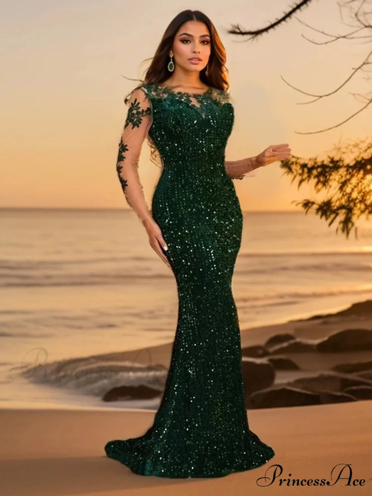 Blue Sequins O Neck Mesh Party Dress