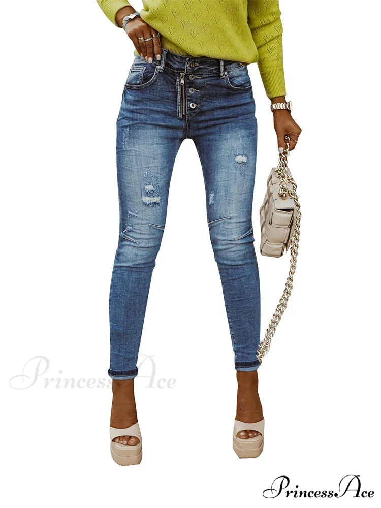 Blue Stretch Women's High Waist Ripped Casual Fashion Streetwear Denim Pant Women 2024 Trend Jean