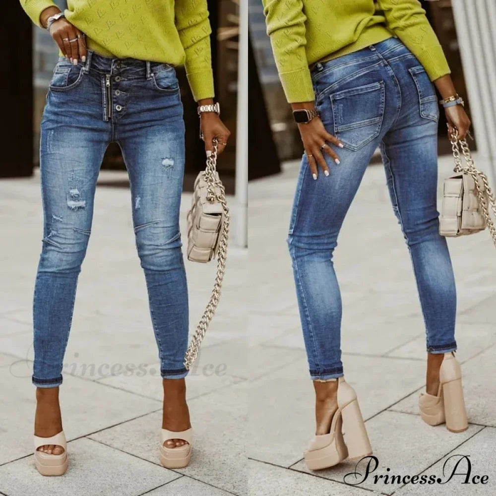 Blue Stretch Women's High Waist Ripped Casual Fashion Streetwear Denim Pant Women 2024 Trend Jean