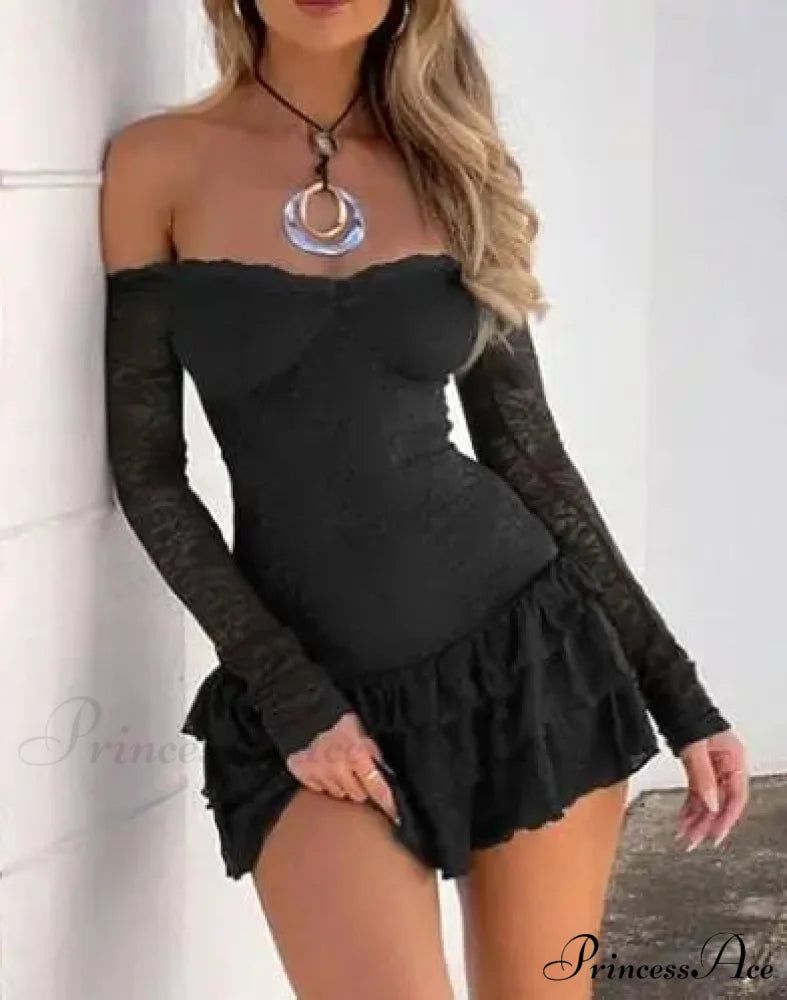 Boat Neck Frilled Short Dress