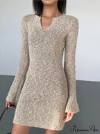 Bodycon V-neck Long Trendy Sleeve Mini Knit Dress