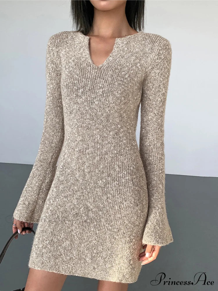 Bodycon V-neck Long Trendy Sleeve Mini Knit Dress