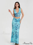 Bohemian Azure Floral Back Bandage Crop Tank Wrap Lengthy Floral Dress