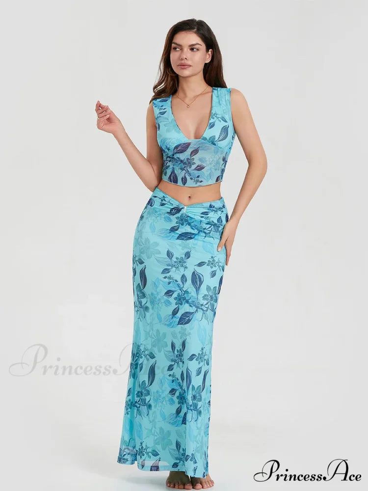 Bohemian Azure Floral Back Bandage Crop Tank Wrap Lengthy Floral Dress