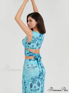Bohemian Azure Floral Back Bandage Crop Tank Wrap Lengthy Floral Dress