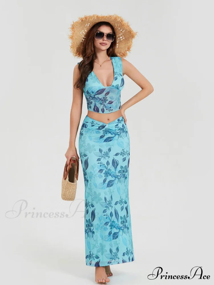 Bohemian Azure Floral Back Bandage Crop Tank Wrap Lengthy Floral Dress
