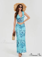 Bohemian Azure Floral Back Bandage Crop Tank Wrap Lengthy Floral Dress