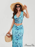 Bohemian Azure Floral Back Bandage Crop Tank Wrap Lengthy Floral Dress