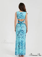 Bohemian Azure Floral Back Bandage Crop Tank Wrap Lengthy Floral Dress
