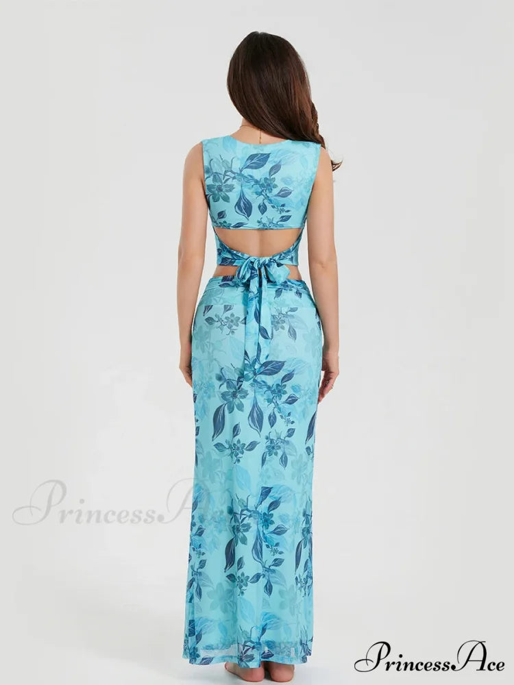 Bohemian Azure Floral Back Bandage Crop Tank Wrap Lengthy Floral Dress