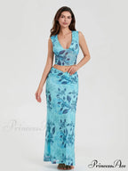 Bohemian Azure Floral Back Bandage Crop Tank Wrap Lengthy Floral Dress