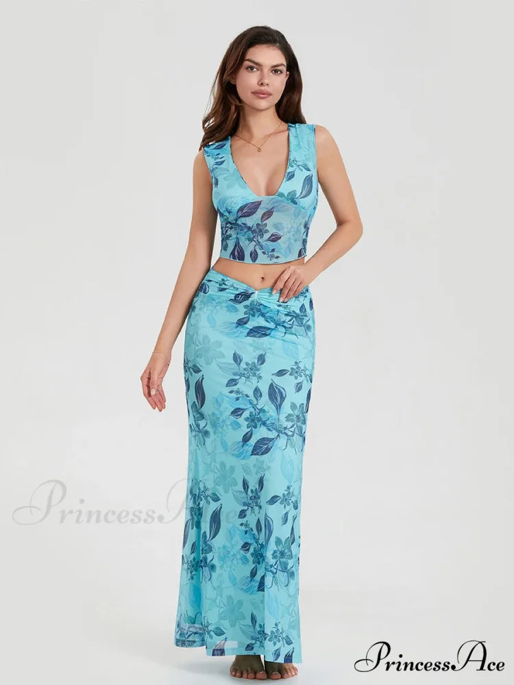Bohemian Azure Floral Back Bandage Crop Tank Wrap Lengthy Floral Dress