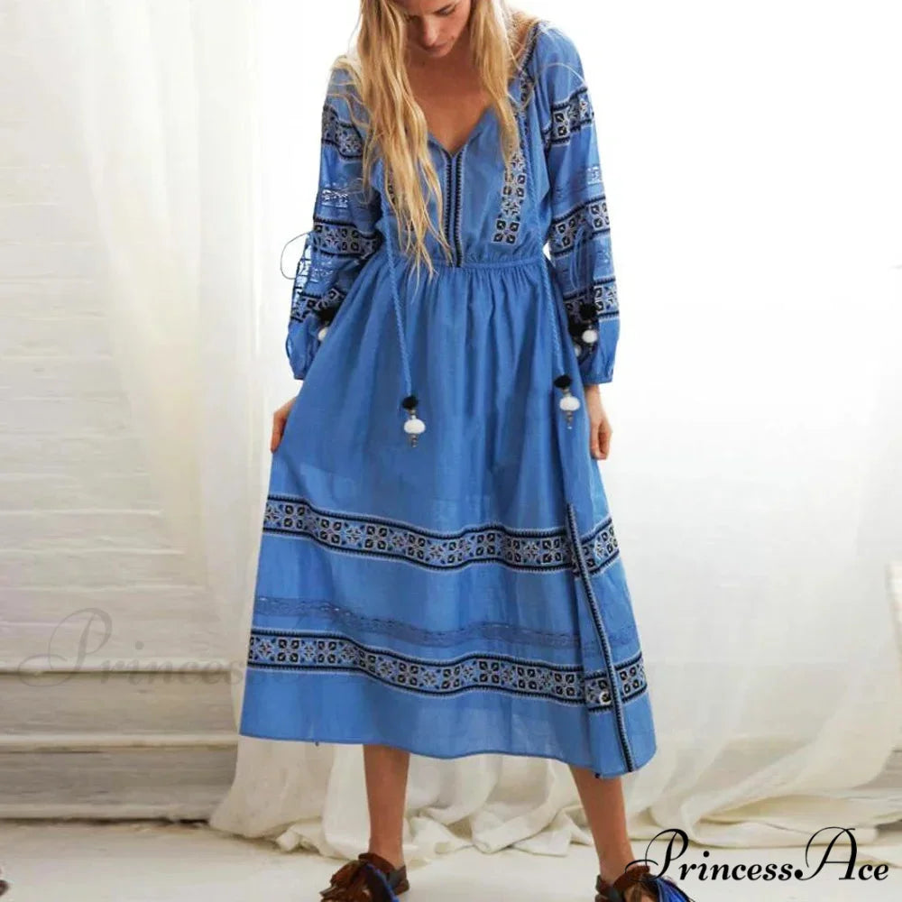Bohemian Azure/Ivory Cotton Rayon Maxi Dress