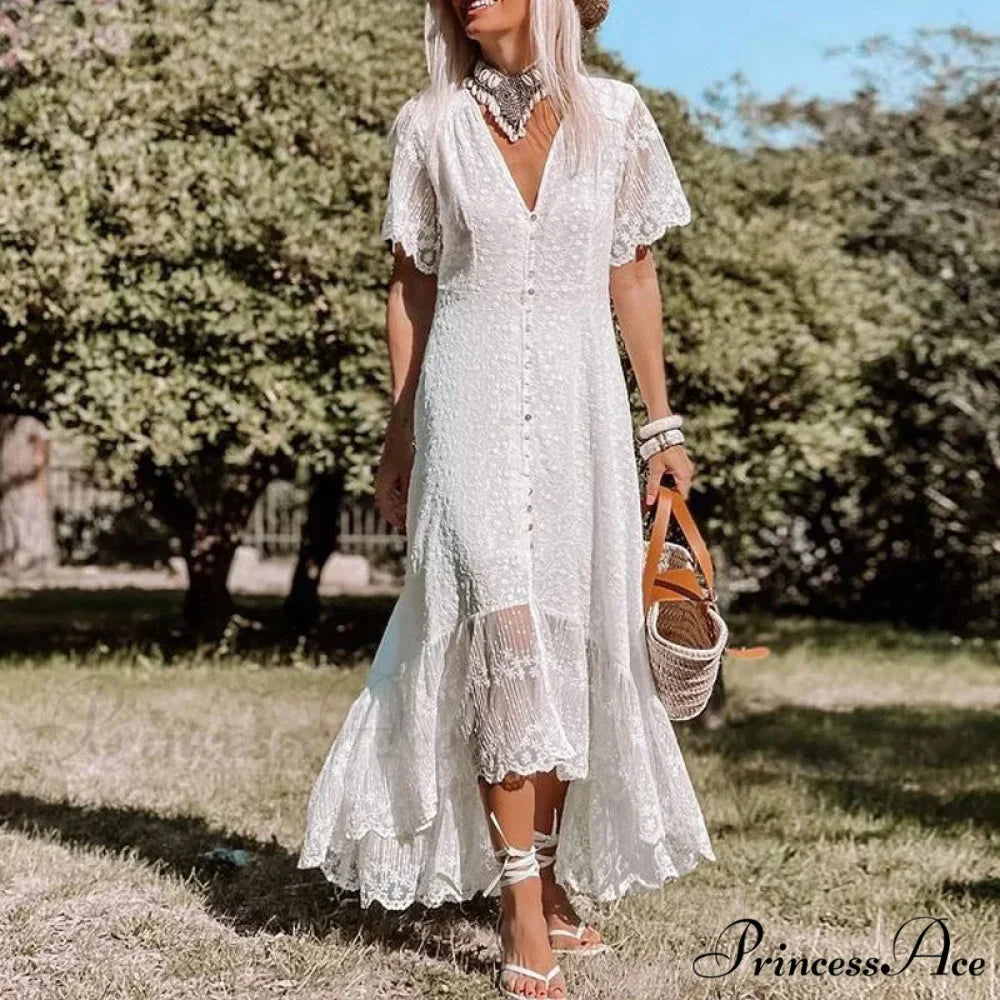 Bohemian Baggy Summer Dress Retro Low-Cut Flower Pattern