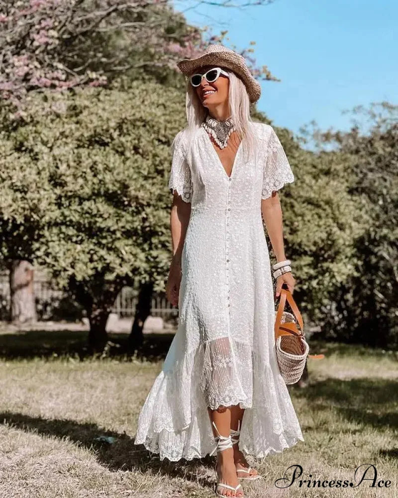 Bohemian Baggy Summer Dress Retro Low-Cut Flower Pattern