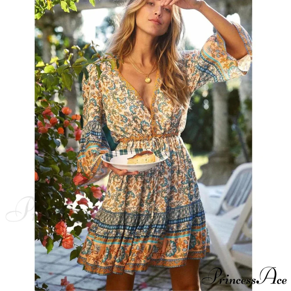 Bohemian Crimson Floral Print Mini Dress V-neck Brief Summer Dress