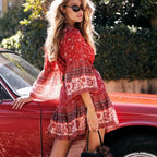 Bohemian Crimson Floral Print Mini Dress V-neck Brief Summer Dress