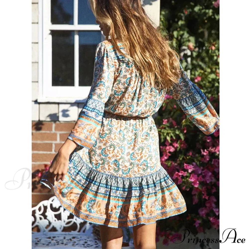 Bohemian Crimson Floral Print Mini Dress V-neck Brief Summer Dress