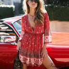 Bohemian Crimson Floral Print Mini Dress V-neck Brief Summer Dress
