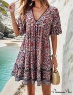 Bohemian Floral Mini Plunging Neckline Short Sleeve Beach Floral Dress