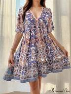 Bohemian Floral Mini Plunging Neckline Short Sleeve Beach Floral Dress