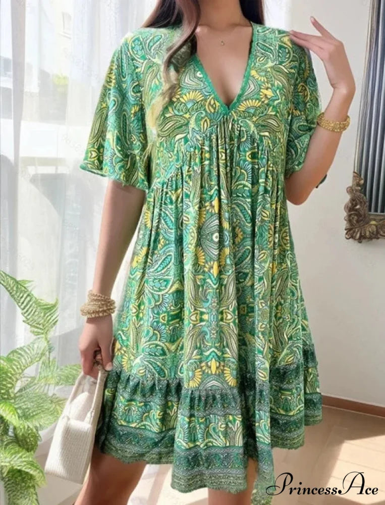 Bohemian Floral Mini Plunging Neckline Short Sleeve Beach Floral Dress