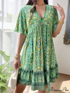 Bohemian Floral Mini Plunging Neckline Short Sleeve Beach Floral Dress